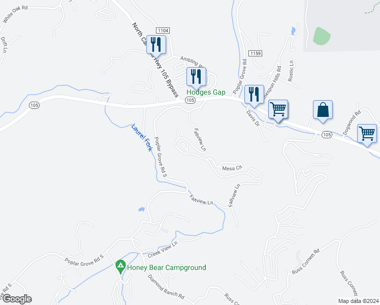 map of restaurants, bars, coffee shops, grocery stores, and more near 615 Boone Circle in Boone