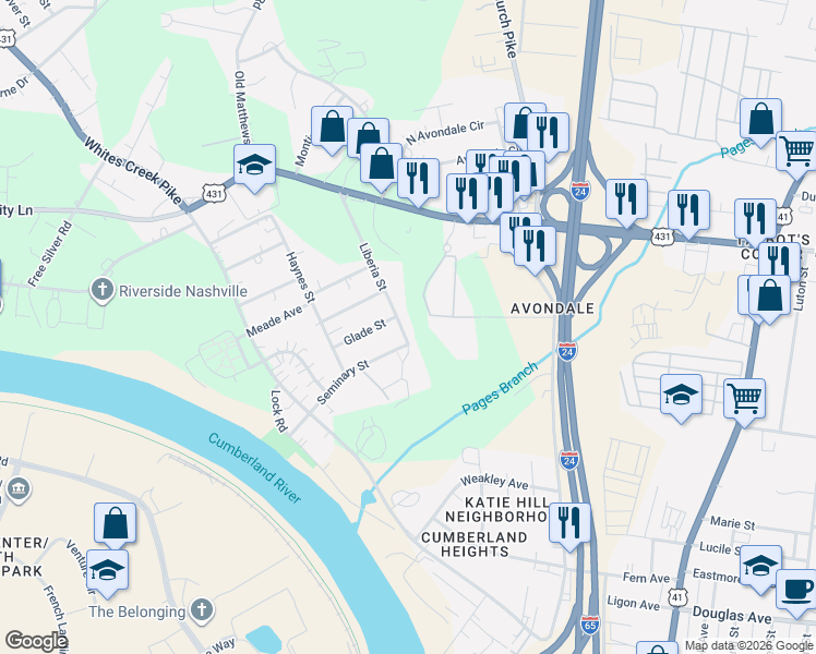 map of restaurants, bars, coffee shops, grocery stores, and more near 1819 Liberia Street in Nashville