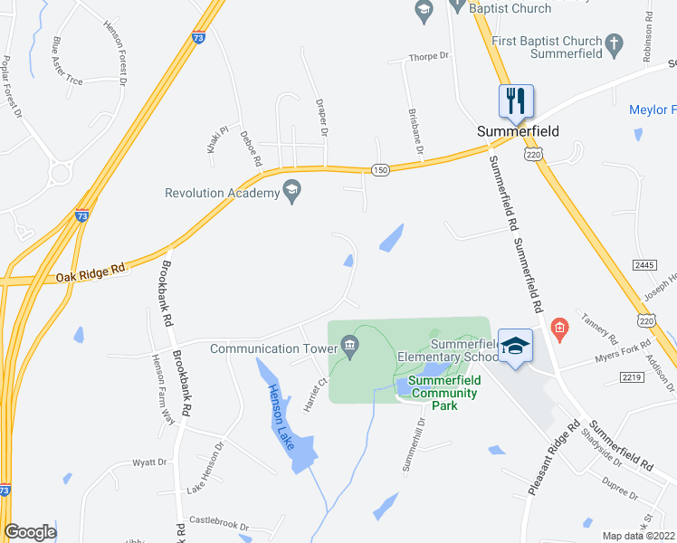 map of restaurants, bars, coffee shops, grocery stores, and more near 5696 Snow Hill Drive in Summerfield