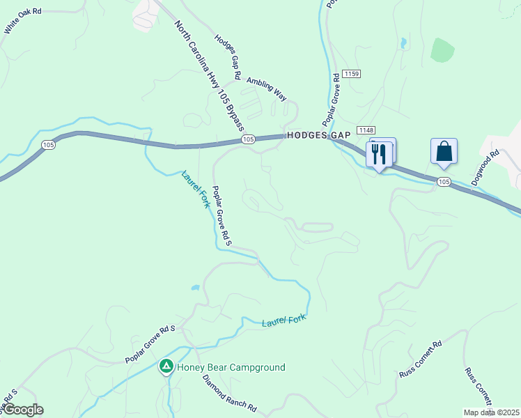 map of restaurants, bars, coffee shops, grocery stores, and more near 615 Fallview Lane in Boone