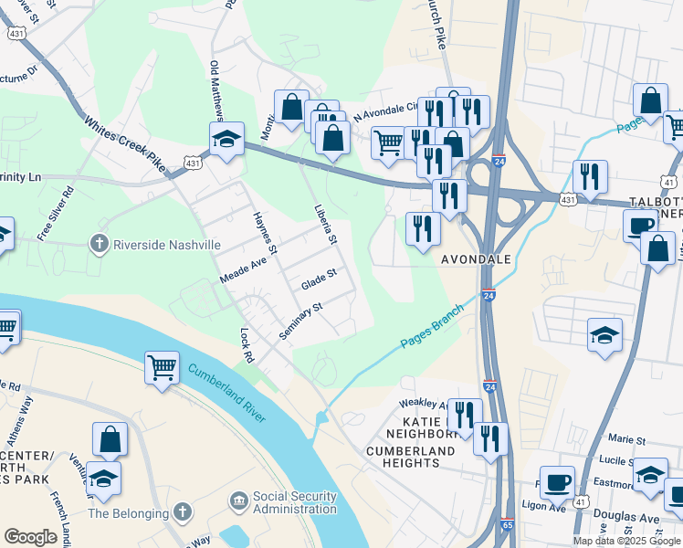 map of restaurants, bars, coffee shops, grocery stores, and more near 1726 Edgewood Avenue in Nashville
