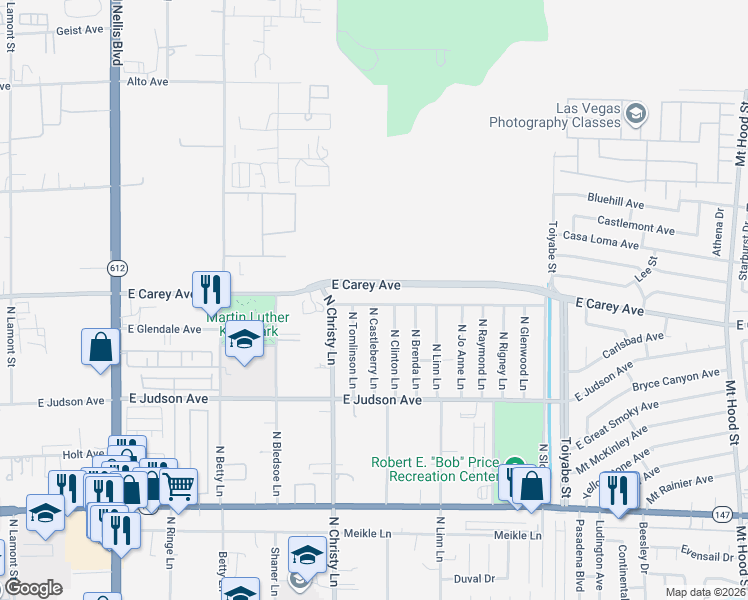 map of restaurants, bars, coffee shops, grocery stores, and more near 5562 East Carey Avenue in Las Vegas