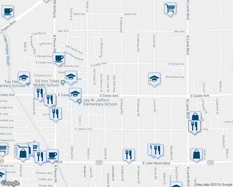 map of restaurants, bars, coffee shops, grocery stores, and more near 2451 Oak Glen Way in Las Vegas