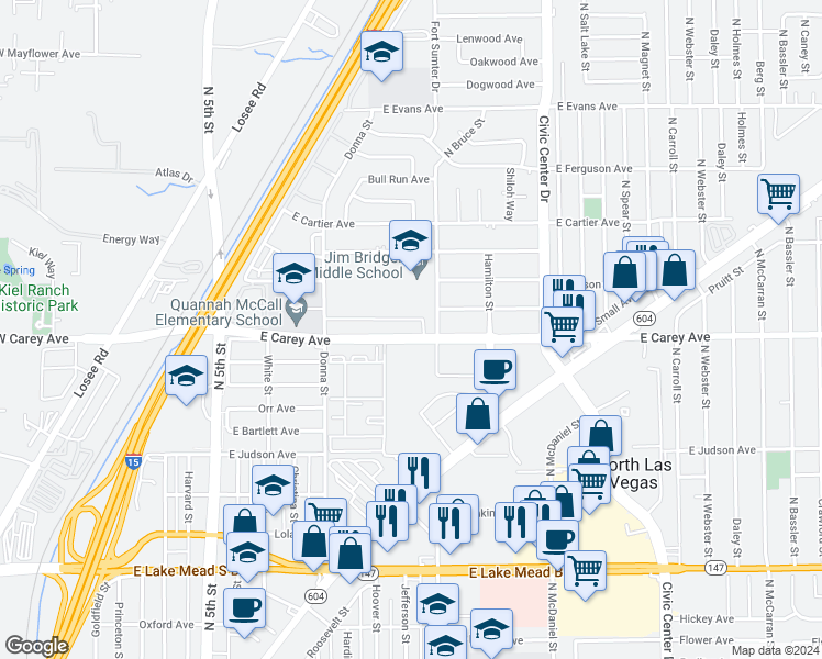 map of restaurants, bars, coffee shops, grocery stores, and more near 1116 East Carey Avenue in North Las Vegas