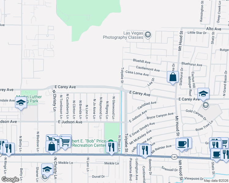 map of restaurants, bars, coffee shops, grocery stores, and more near 5868 East Carey Avenue in Las Vegas