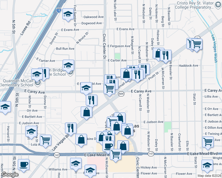 map of restaurants, bars, coffee shops, grocery stores, and more near 2404 Saint George Street in North Las Vegas