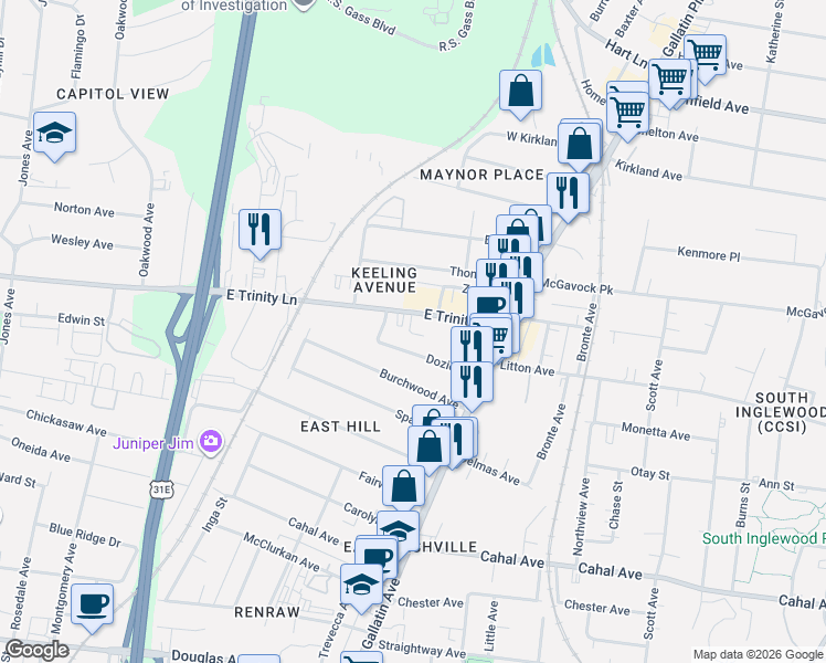 map of restaurants, bars, coffee shops, grocery stores, and more near 800 Vibe Place in Nashville