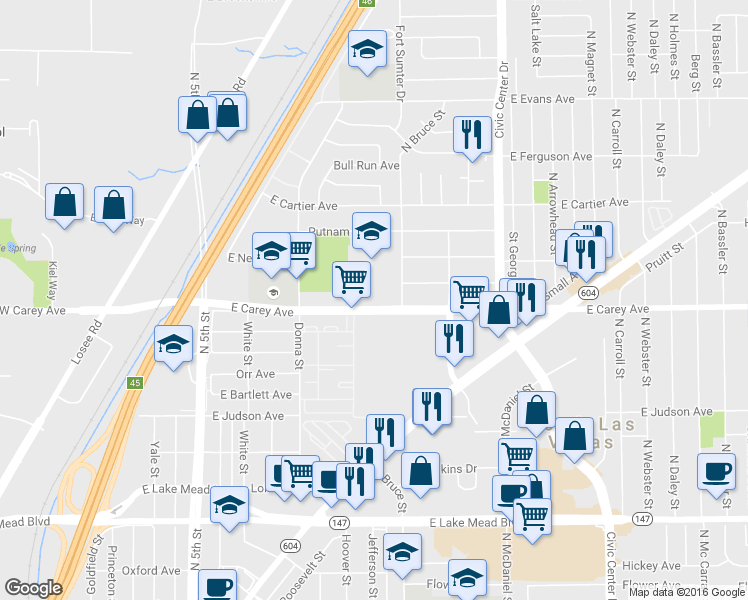 map of restaurants, bars, coffee shops, grocery stores, and more near 1116 East Carey Avenue in North Las Vegas