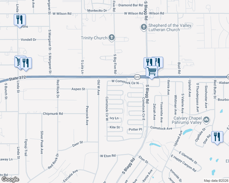 map of restaurants, bars, coffee shops, grocery stores, and more near 271 Copper Flats Drive in Pahrump