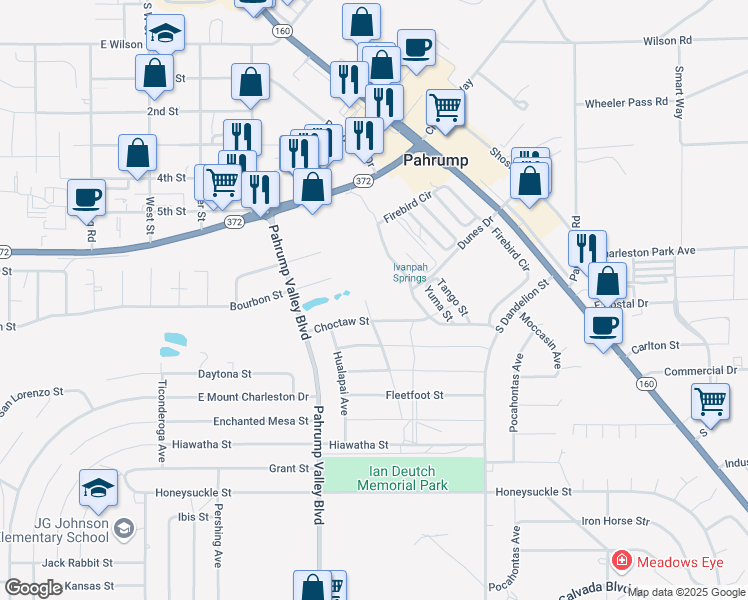 map of restaurants, bars, coffee shops, grocery stores, and more near 1181 Pahrump Valley Boulevard in Pahrump