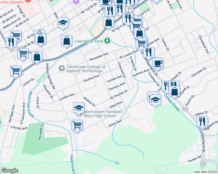 map of restaurants, bars, coffee shops, grocery stores, and more near 523 Lennie Avenue in Morristown
