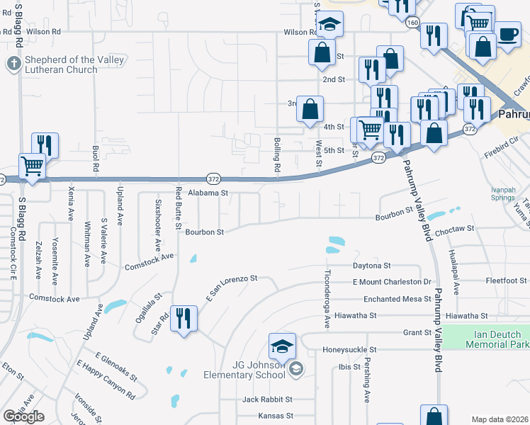 map of restaurants, bars, coffee shops, grocery stores, and more near 1081 South Nail Creek Court in Pahrump