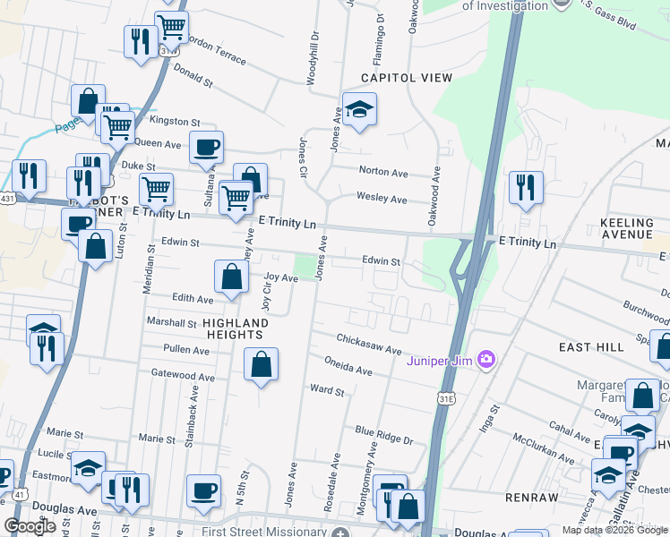 map of restaurants, bars, coffee shops, grocery stores, and more near 503 Edwin Street in Nashville