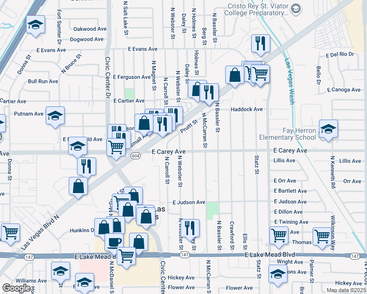 map of restaurants, bars, coffee shops, grocery stores, and more near 2420 North Webster Street in North Las Vegas