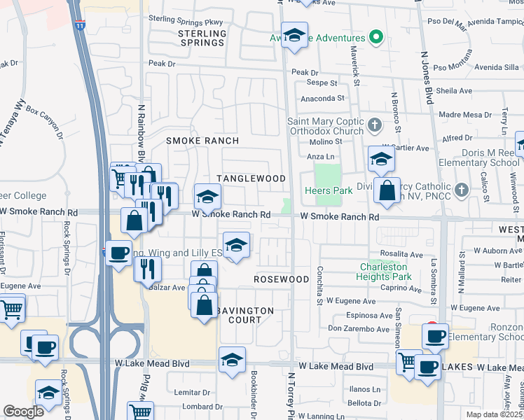 map of restaurants, bars, coffee shops, grocery stores, and more near 6444 Peartree Road in Las Vegas