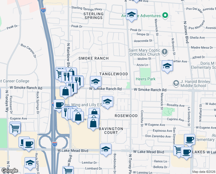 map of restaurants, bars, coffee shops, grocery stores, and more near 2413 Olivewood Street in Las Vegas