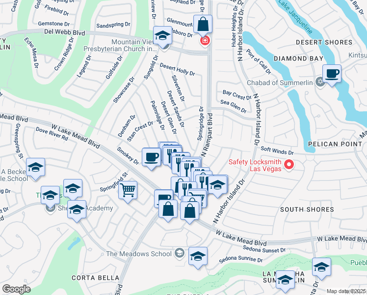 map of restaurants, bars, coffee shops, grocery stores, and more near 2421 Desert Sands Drive in Las Vegas