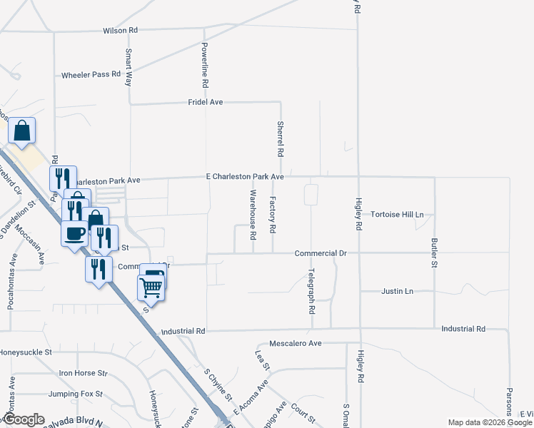 map of restaurants, bars, coffee shops, grocery stores, and more near 1080 Factory Road in Pahrump