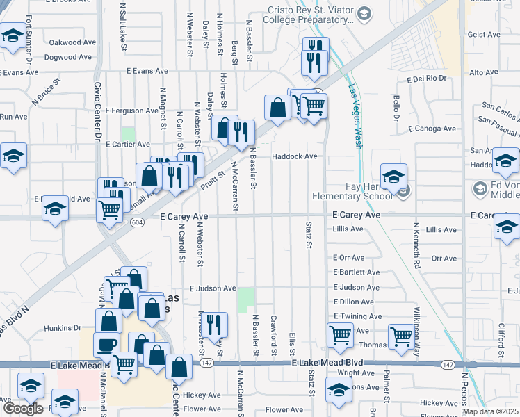 map of restaurants, bars, coffee shops, grocery stores, and more near 2404 Bassler Street in North Las Vegas