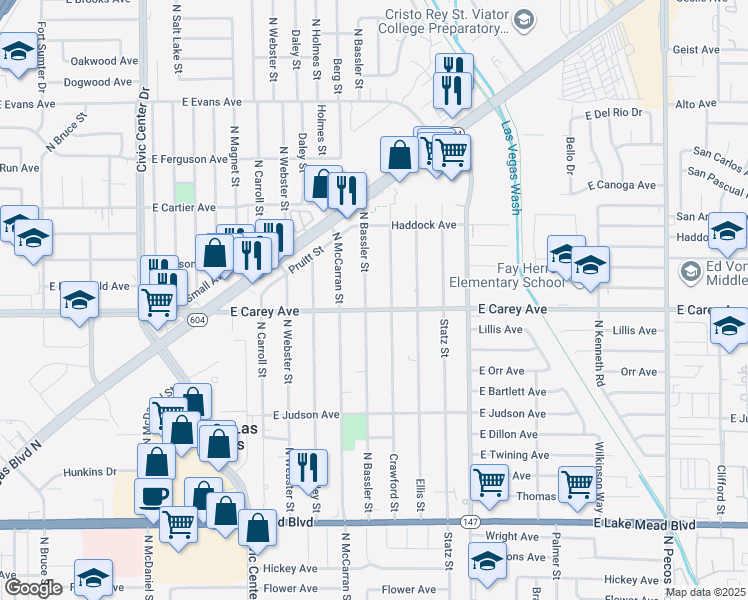 map of restaurants, bars, coffee shops, grocery stores, and more near 2404 Bassler Street in North Las Vegas