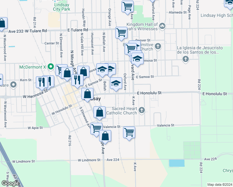 map of restaurants, bars, coffee shops, grocery stores, and more near 519 East Honolulu Street in Lindsay