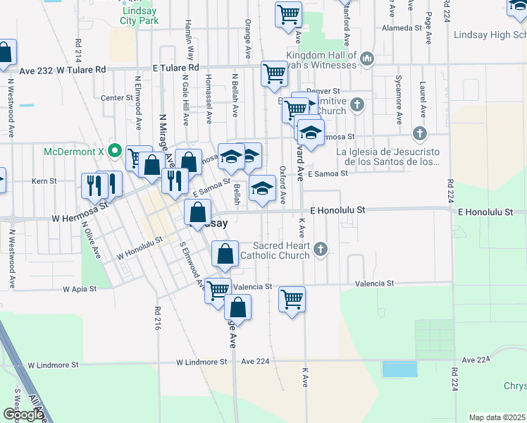 map of restaurants, bars, coffee shops, grocery stores, and more near 519 East Honolulu Street in Lindsay