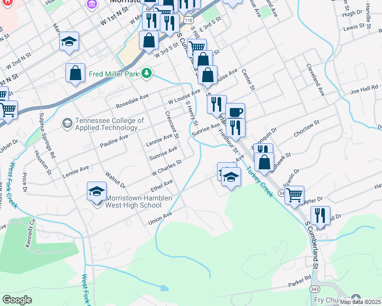map of restaurants, bars, coffee shops, grocery stores, and more near 905 Crescent Street in Morristown