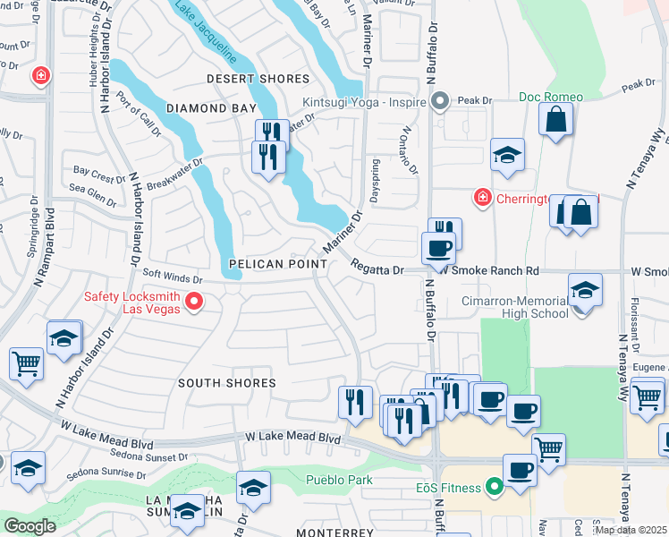 map of restaurants, bars, coffee shops, grocery stores, and more near 7737 Shore Haven Drive in Las Vegas