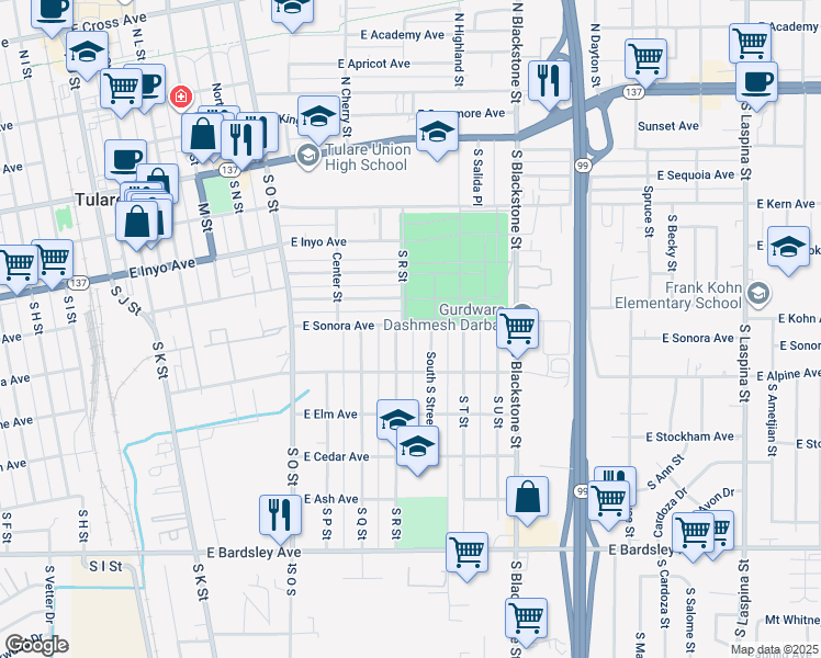 map of restaurants, bars, coffee shops, grocery stores, and more near 602 South R Street in Tulare