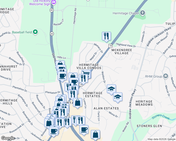 map of restaurants, bars, coffee shops, grocery stores, and more near 4234 Lebanon Pike in Nashville
