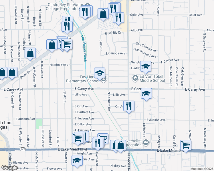 map of restaurants, bars, coffee shops, grocery stores, and more near 2421 North Kenneth Road in North Las Vegas