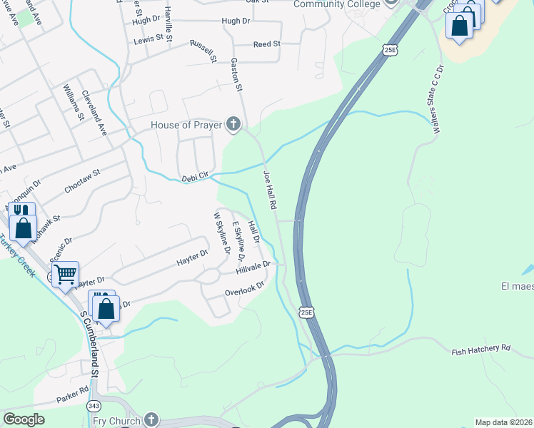 map of restaurants, bars, coffee shops, grocery stores, and more near Joe Hall Road in Morristown