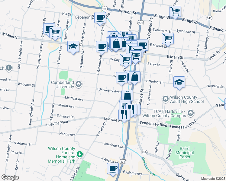 map of restaurants, bars, coffee shops, grocery stores, and more near University Avenue in Lebanon