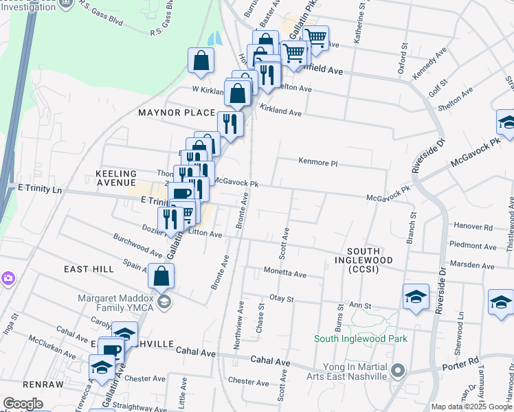 map of restaurants, bars, coffee shops, grocery stores, and more near 1203 Keller Avenue in Nashville
