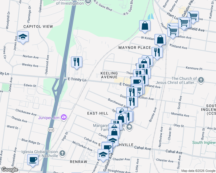 map of restaurants, bars, coffee shops, grocery stores, and more near 1032b East Trinity Lane in Nashville