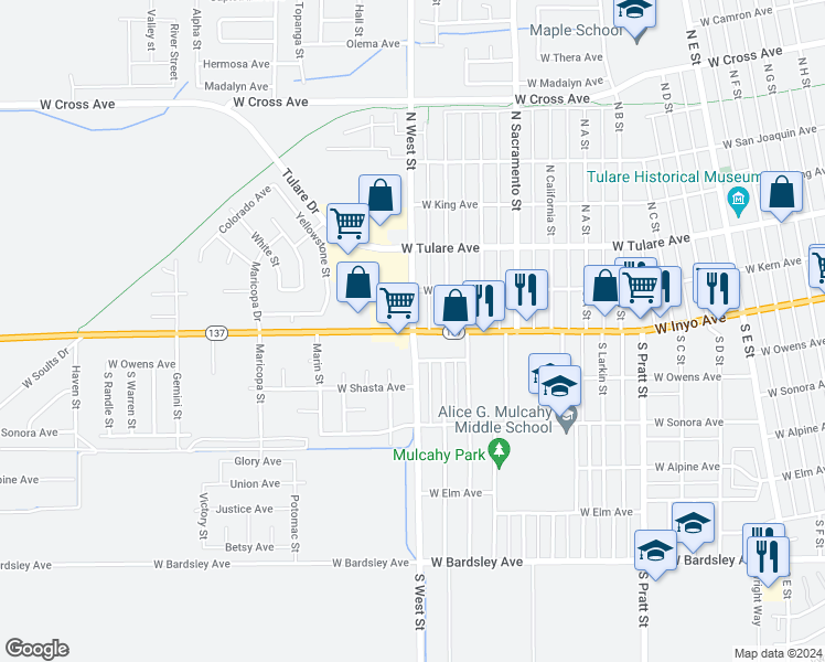 map of restaurants, bars, coffee shops, grocery stores, and more near West Inyo Avenue & South West Street in Tulare