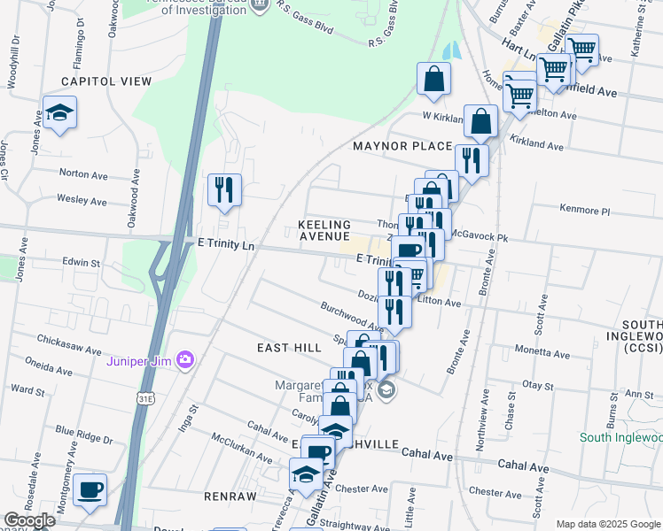 map of restaurants, bars, coffee shops, grocery stores, and more near 1032b East Trinity Lane in Nashville