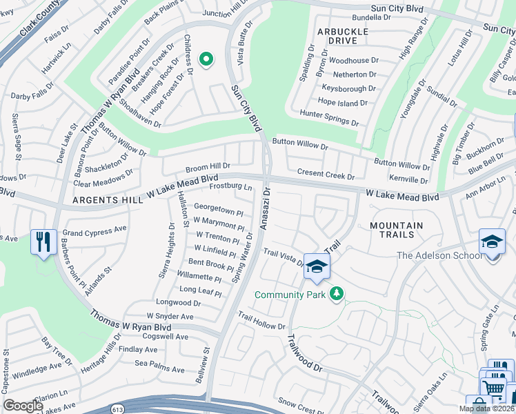 map of restaurants, bars, coffee shops, grocery stores, and more near 2330 Spring Water Drive in Las Vegas
