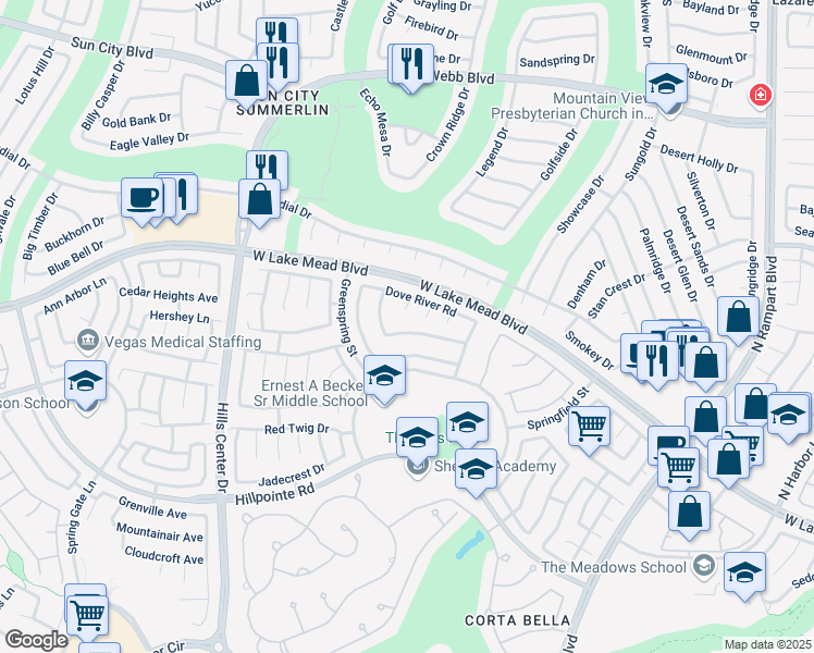 map of restaurants, bars, coffee shops, grocery stores, and more near 2408 Juniper Canyon Court in Las Vegas