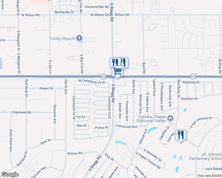 map of restaurants, bars, coffee shops, grocery stores, and more near 1041 Comstock Circle East in Pahrump