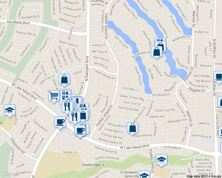 map of restaurants, bars, coffee shops, grocery stores, and more near 2401 Sun Shores Drive in Las Vegas