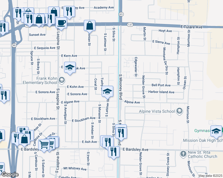 map of restaurants, bars, coffee shops, grocery stores, and more near 2125 Maui Court in Tulare