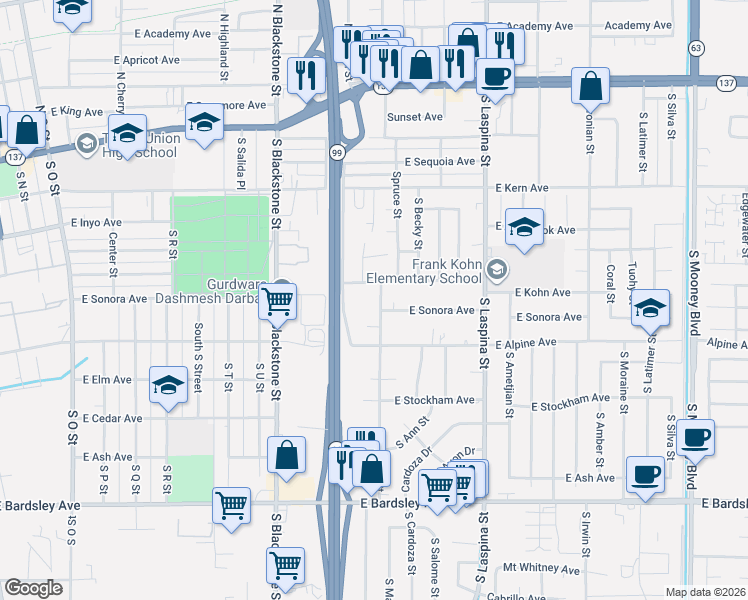 map of restaurants, bars, coffee shops, grocery stores, and more near 602 South Spruce Street in Tulare