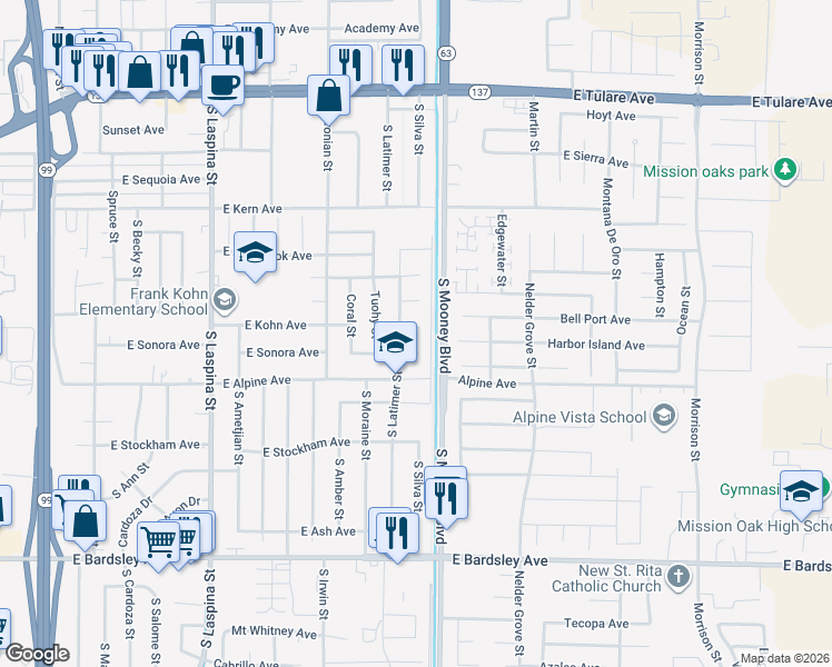 map of restaurants, bars, coffee shops, grocery stores, and more near 2122 Maui Court in Tulare