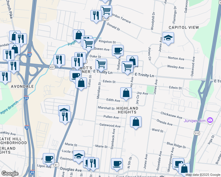 map of restaurants, bars, coffee shops, grocery stores, and more near 1801 Meridian Street in Nashville