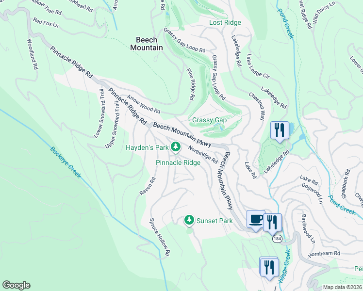 map of restaurants, bars, coffee shops, grocery stores, and more near 207 Northridge Road in Beech Mountain