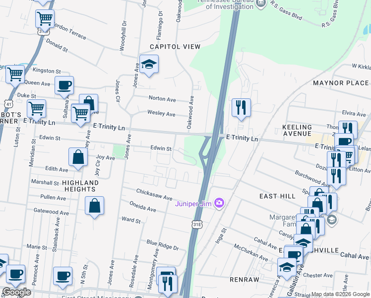 map of restaurants, bars, coffee shops, grocery stores, and more near 701 East Trinity Lane in Nashville
