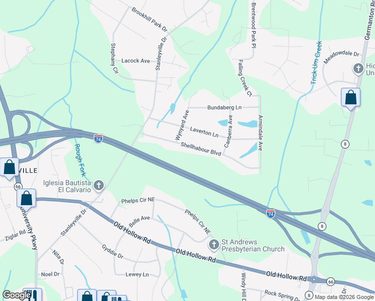 map of restaurants, bars, coffee shops, grocery stores, and more near 720 Shellhabour Boulevard in Rural Hall