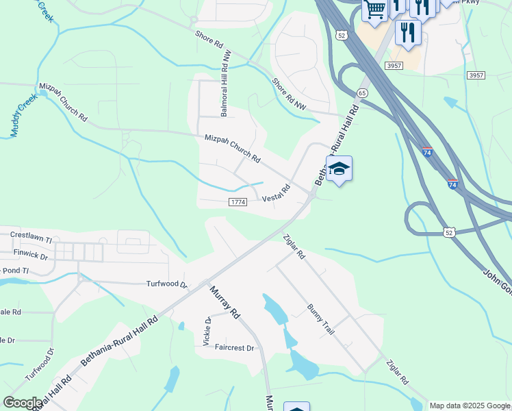 map of restaurants, bars, coffee shops, grocery stores, and more near 1335 Vestal Road in Rural Hall