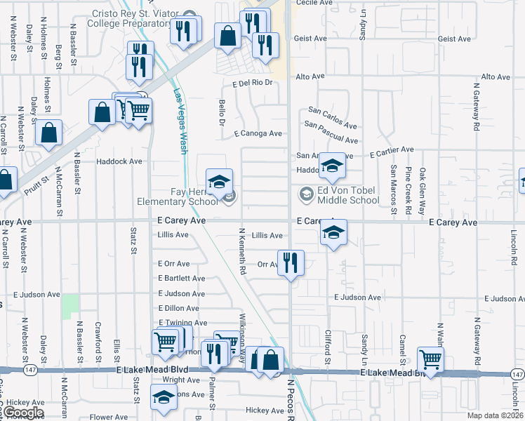 map of restaurants, bars, coffee shops, grocery stores, and more near 3605 East Broadway Avenue in North Las Vegas
